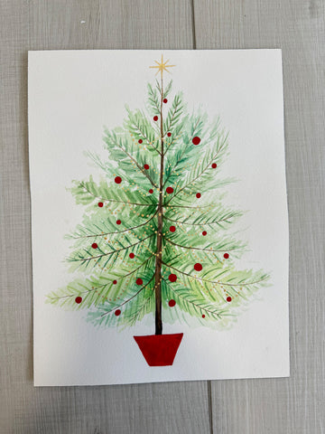 Christmas Tree Original Gouache Painting with Gold Metallic Accents